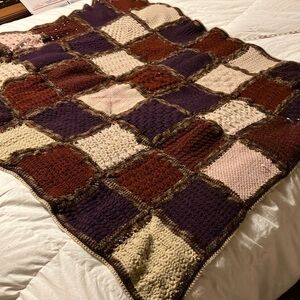 Handmade knit and crochet granny square wool  afghan 58” square